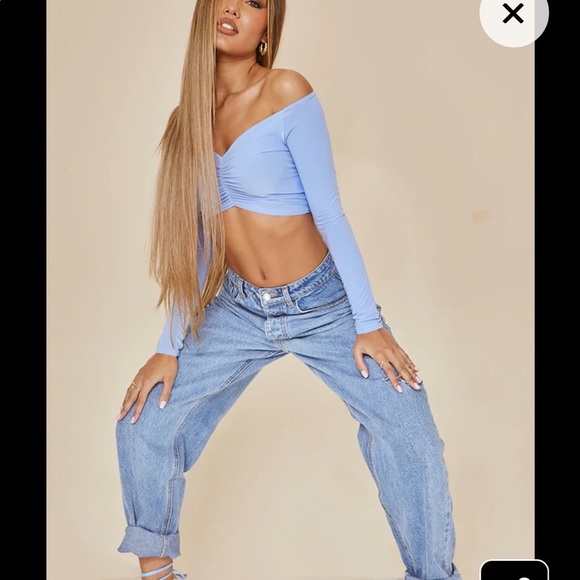 NWT Pretty Little Thing Powder Blue Slinky Ruched Front Long Sleeved Crop Top - Picture 5 of 5